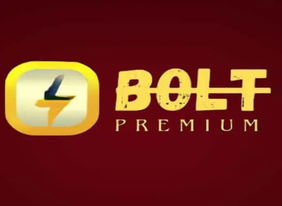 Logo of Bolt Premium iptv Yellow and blue lightning bolt logo with the text "Bolt Premium" on a red background.