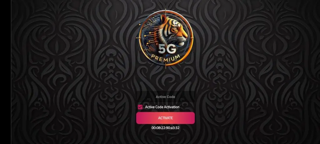A digital graphic showcases a tiger logo labeled "5G Premium IPTV" on a black patterned background. Below, an active code section features a button marked "Activate" with the code number 008829294332.
