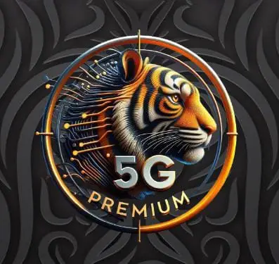 Illustration of a tiger's head with a digital circuit design, featuring the text "5G Premium iptv" inside a circular emblem.