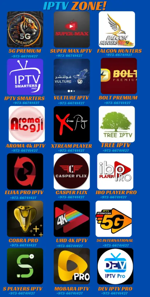 A promotional image featuring a variety of IPTV service logos, including Super Max Iptv, 5G Premium, Falcon Hunters Pro TV IPTV, Vulture IPTV, and Bolt Premium. Each logo displays a phone number prominently below it, Best IPTV services Subscription 2025.